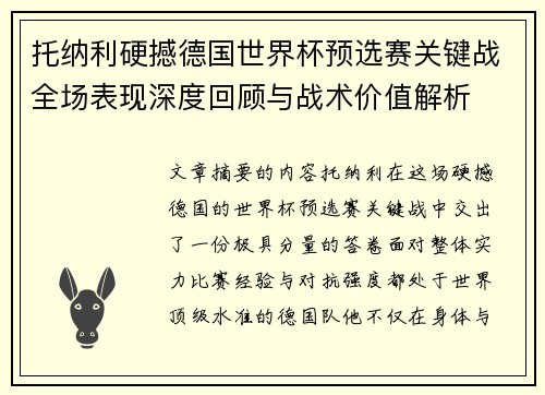 托纳利硬撼德国世界杯预选赛关键战全场表现深度回顾与战术价值解析 托纳利硬撼德国世界杯预选赛关键战全场表现深度回顾与战术价值解析