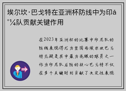 埃尔坎·巴戈特在亚洲杯防线中为印尼队贡献关键作用 埃尔坎·巴戈特在亚洲杯防线中为印尼队贡献关键作用